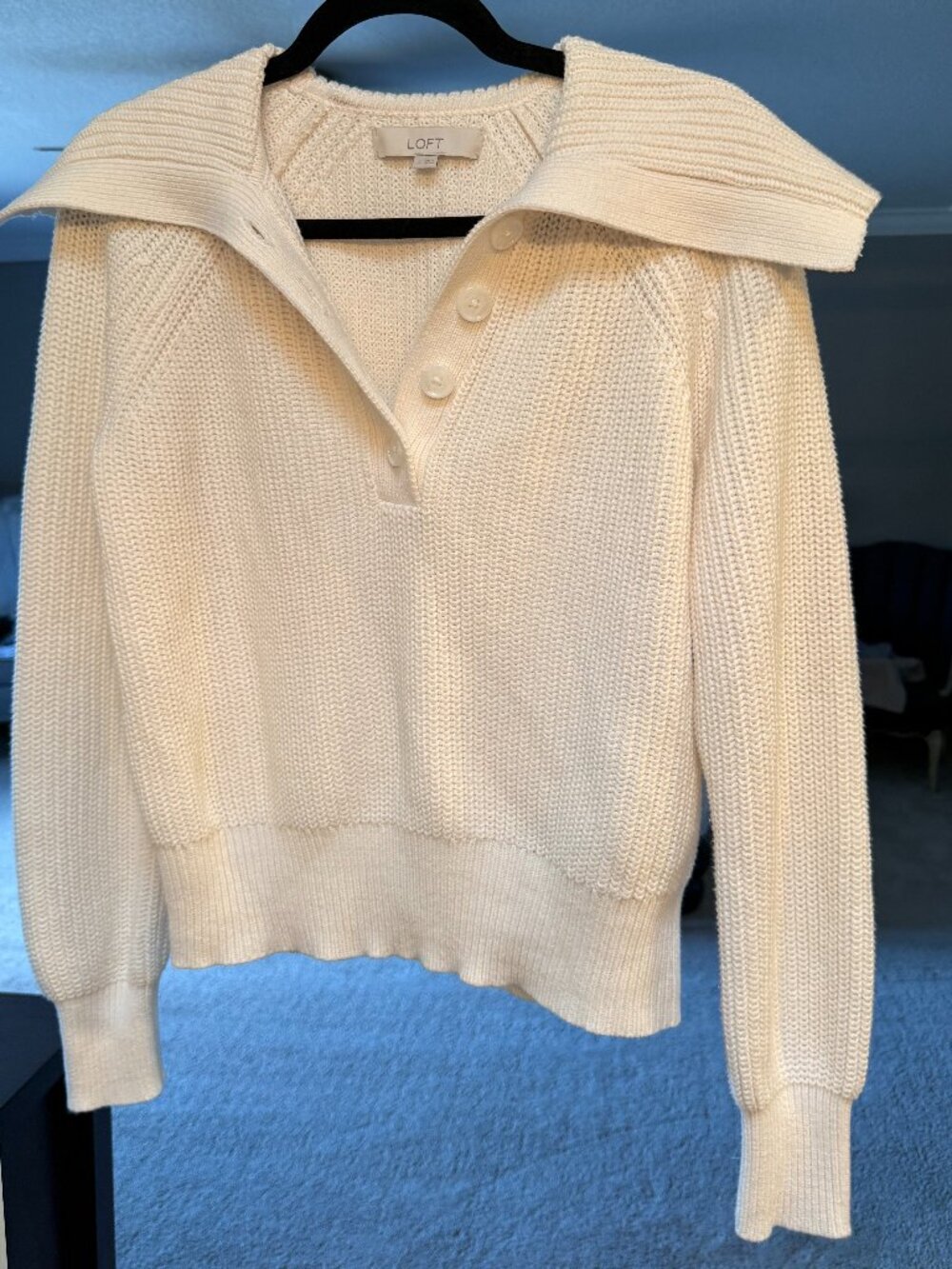 LOFT Cream Sailor Collar Henley Ribbed Knit Sweater S